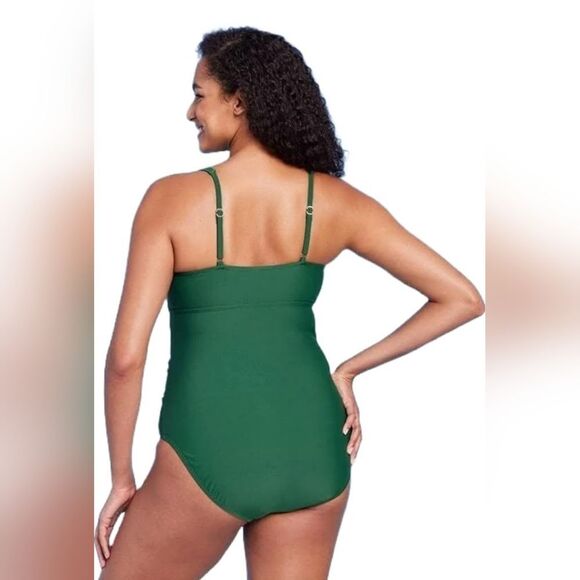 Kona Sol Tie-Front Ruched Full Coverage One Piece Swimsuit NWOT Size M Green - Picture 2 of 5